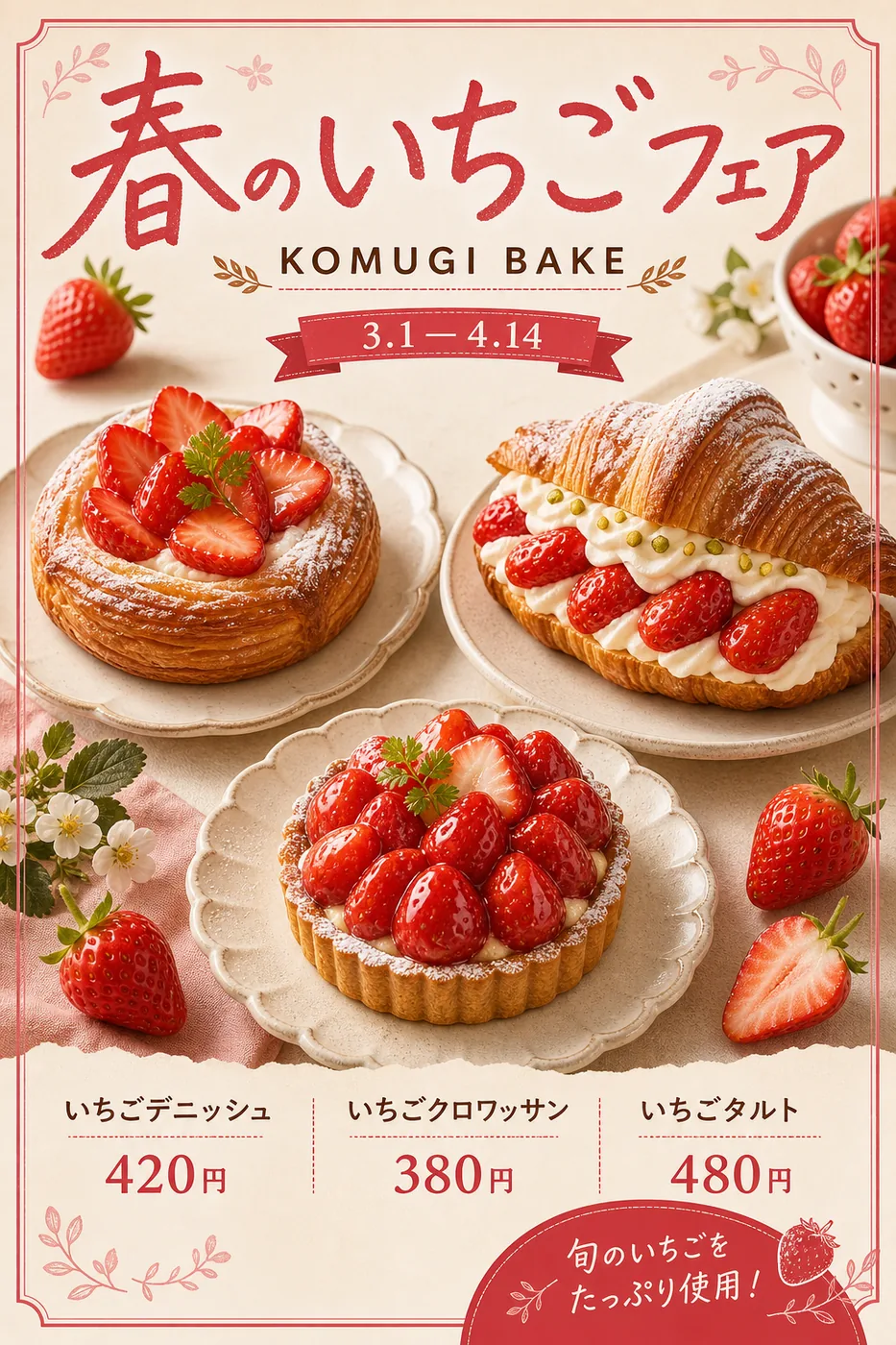 KOMUGI BAKE 春のいちごフェア POPの制作サンプル